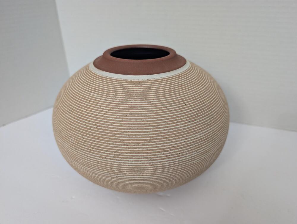 Renee Margolin Studio Pottery Vase Fine Grooved Sphere Ceramic Art Piece